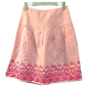 NEW Silk Linen Pleated Embroidered Floral A-Line Midi Skirt Womens 2 Pink Luxury